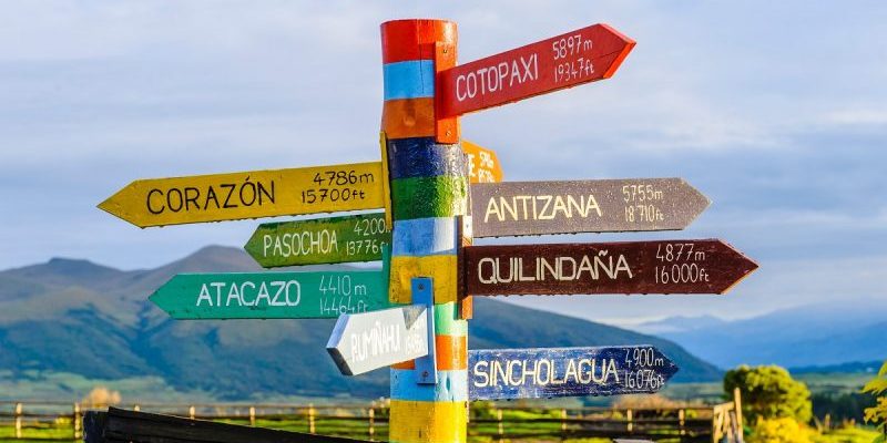 Brightly coloured finger posts with Mexican place names indicating many choices like coaching